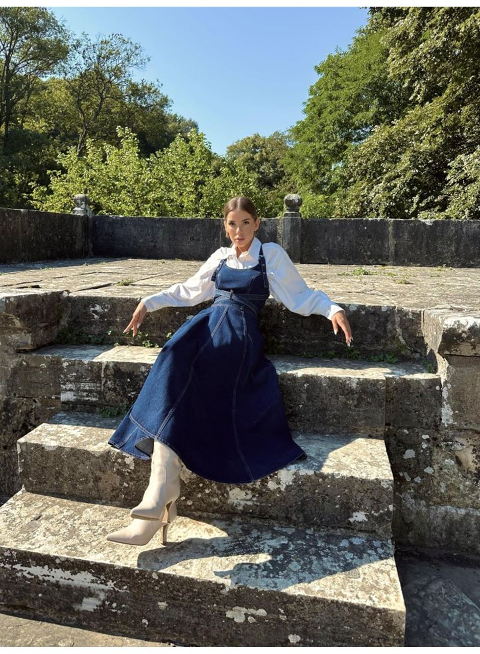 Mavi Midi Boy Bantlı Kot Elbise