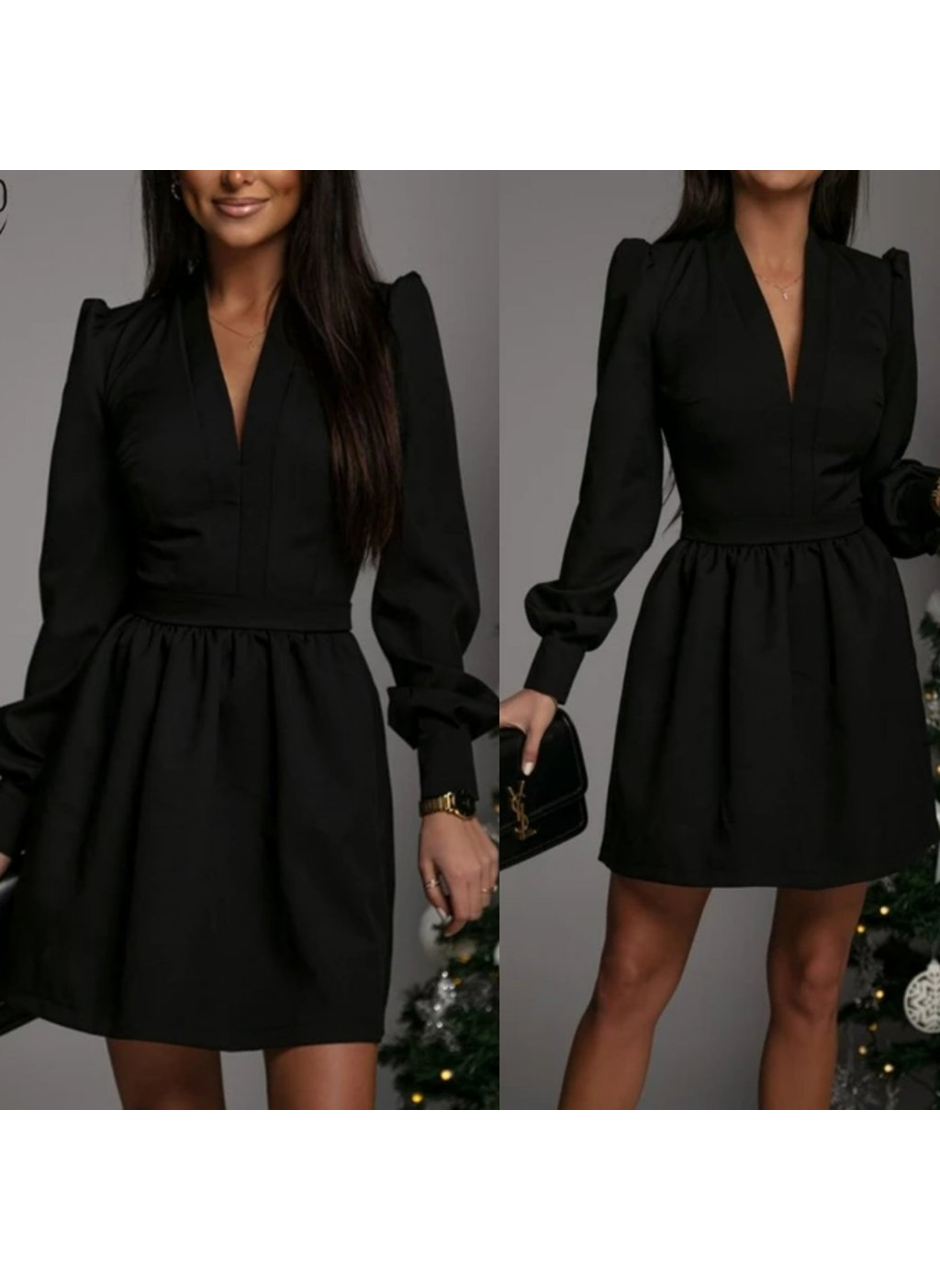 Kadın Uzun Kollu V Yaka Belden Hafif Pileli Scuba Krep Mini Boy Elbise