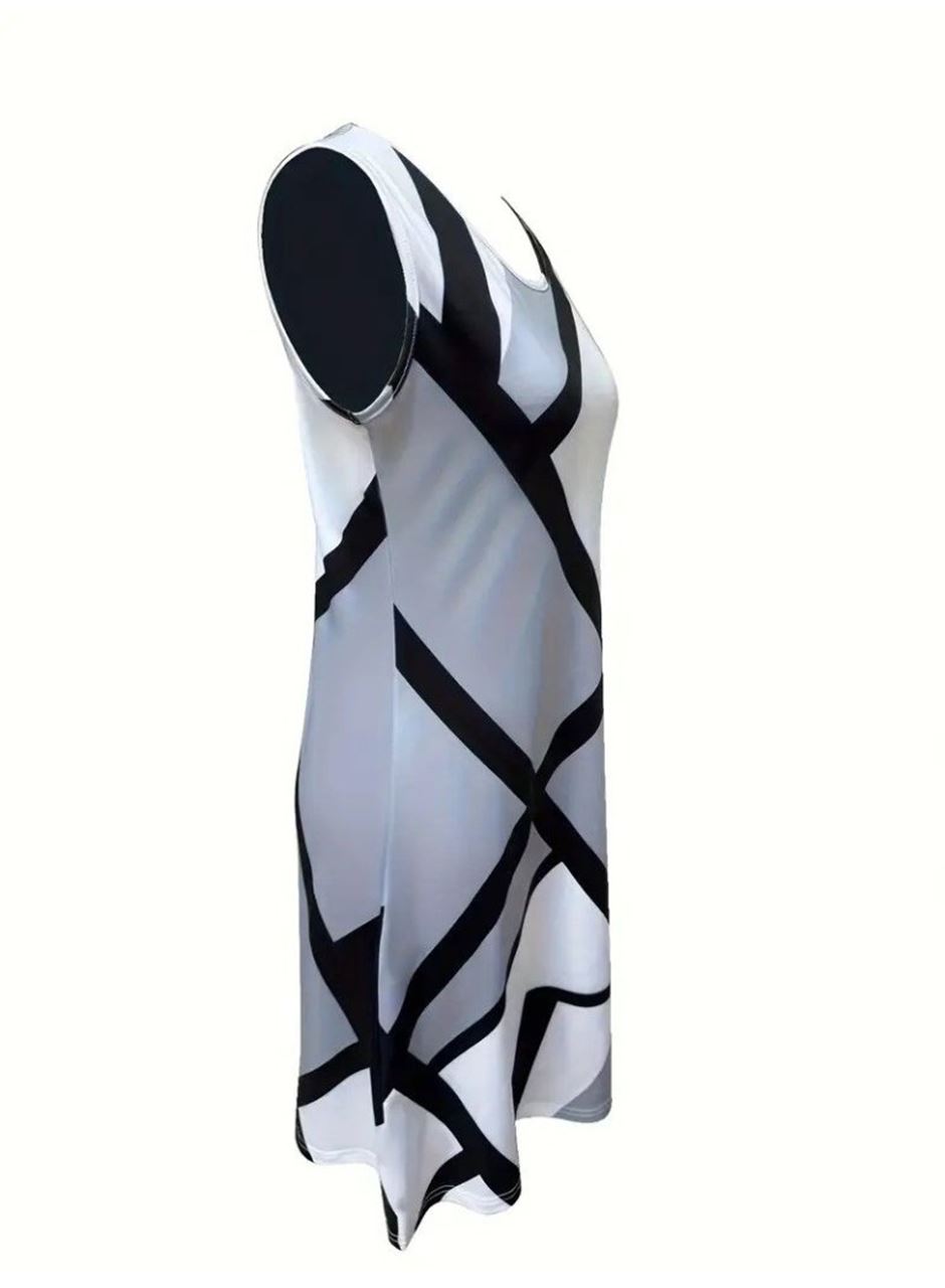 Kadın Askılı Yuvarlak Yaka Geometrik Desenli Kısa Süprem Elbise