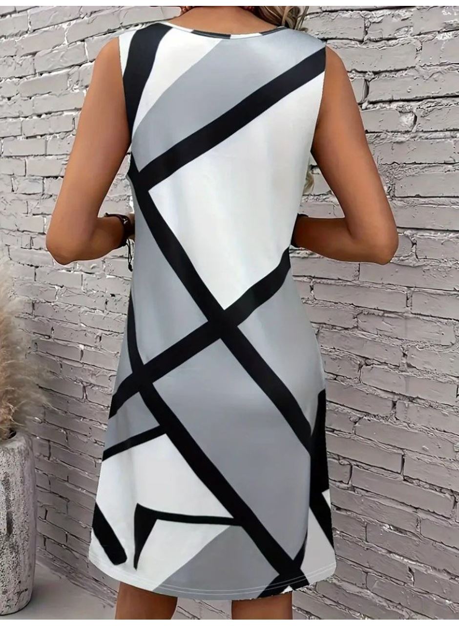 Kadın Askılı Yuvarlak Yaka Geometrik Desenli Kısa Süprem Elbise