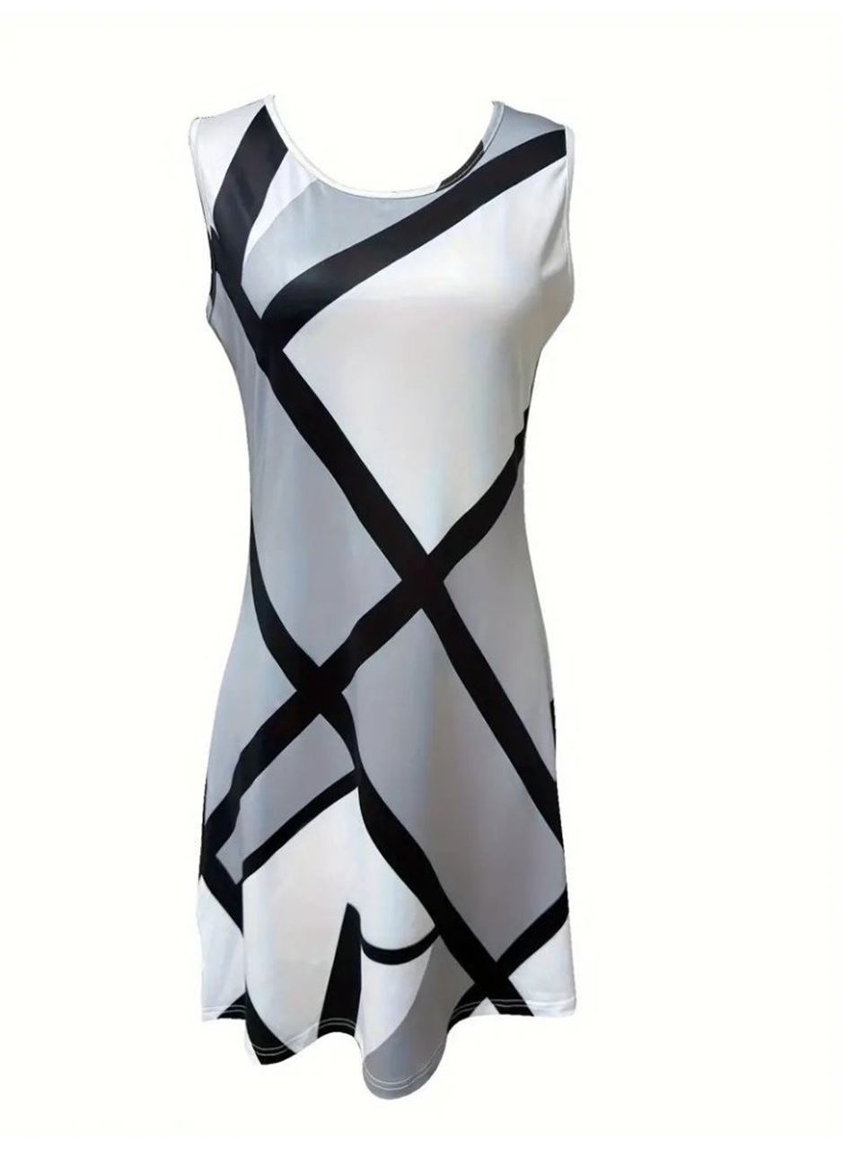 Kadın Askılı Yuvarlak Yaka Geometrik Desenli Kısa Süprem Elbise