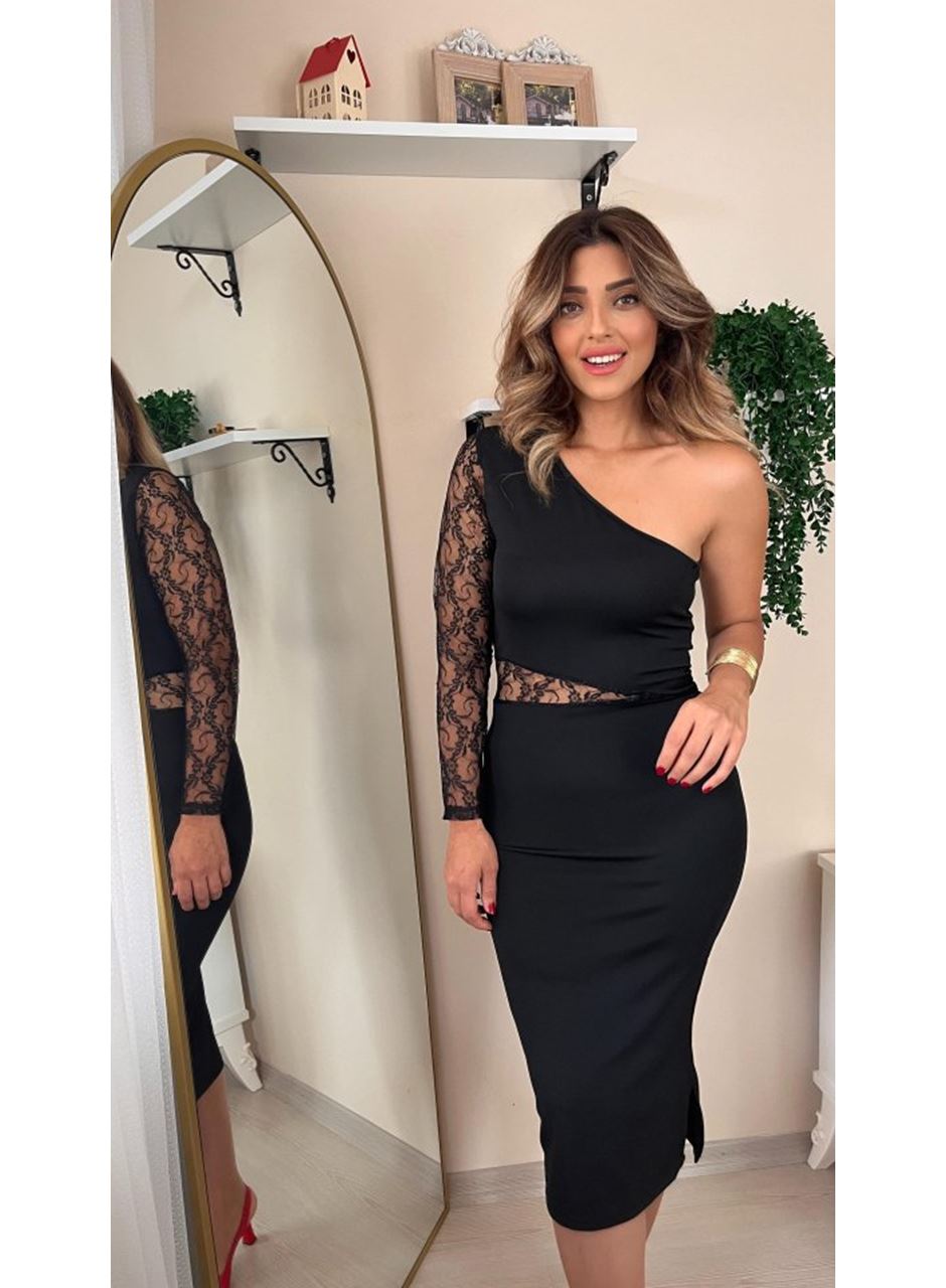 Kadın Siyah Tek Kol Dantel Detay Krep Elbise