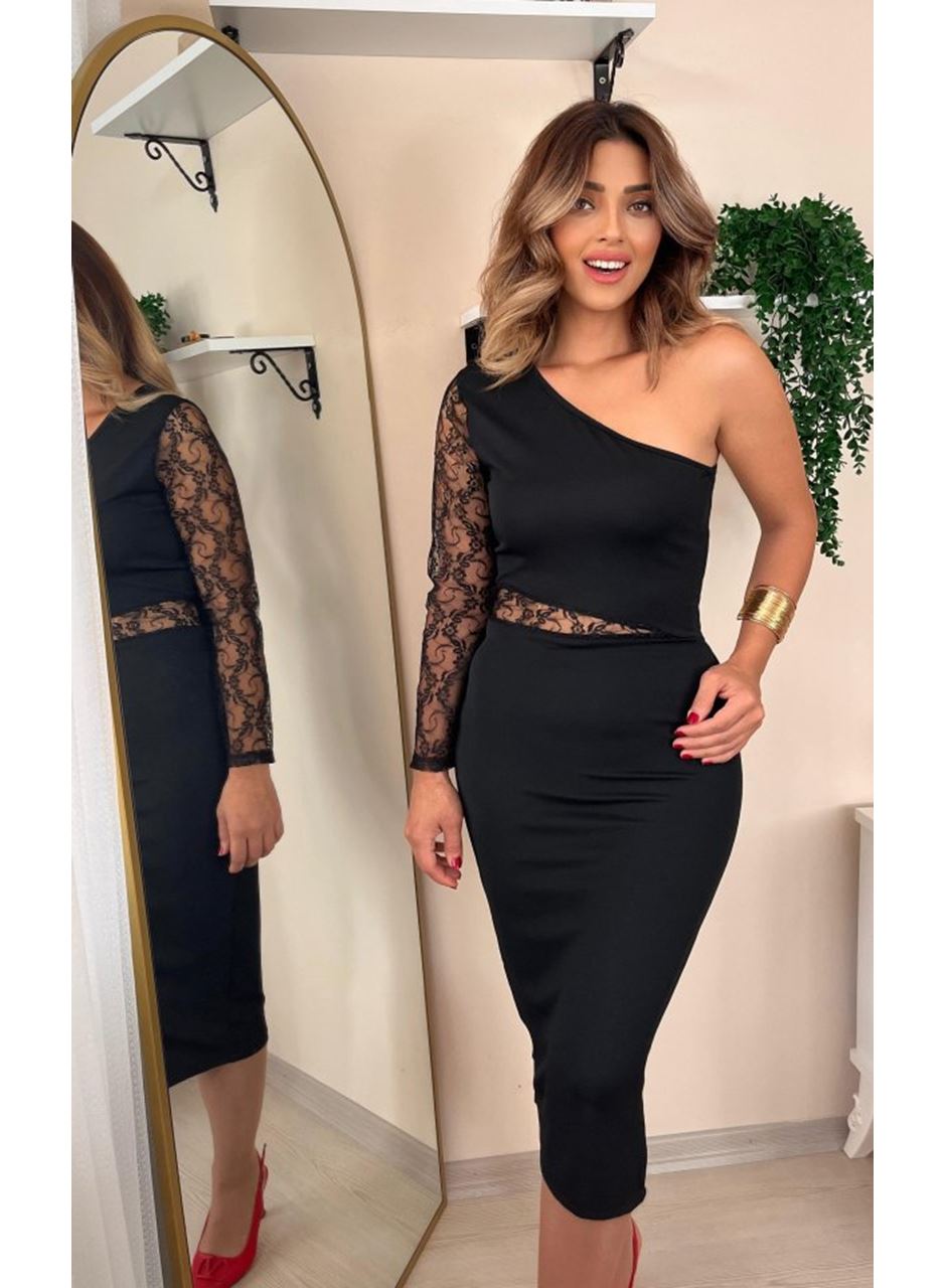 Kadın Siyah Tek Kol Dantel Detay Krep Elbise