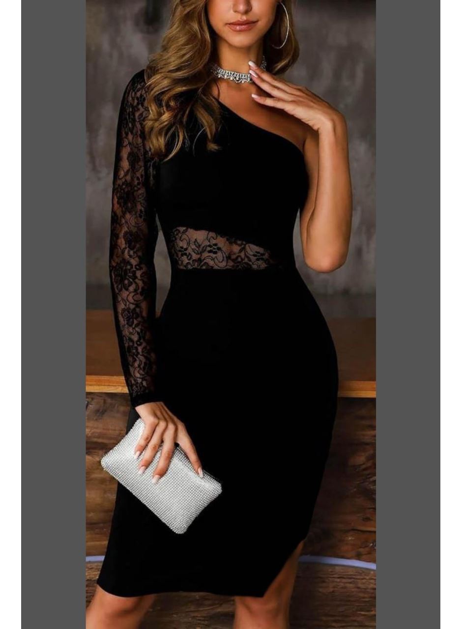 Kadın Siyah Tek Kol Dantel Detay Krep Elbise
