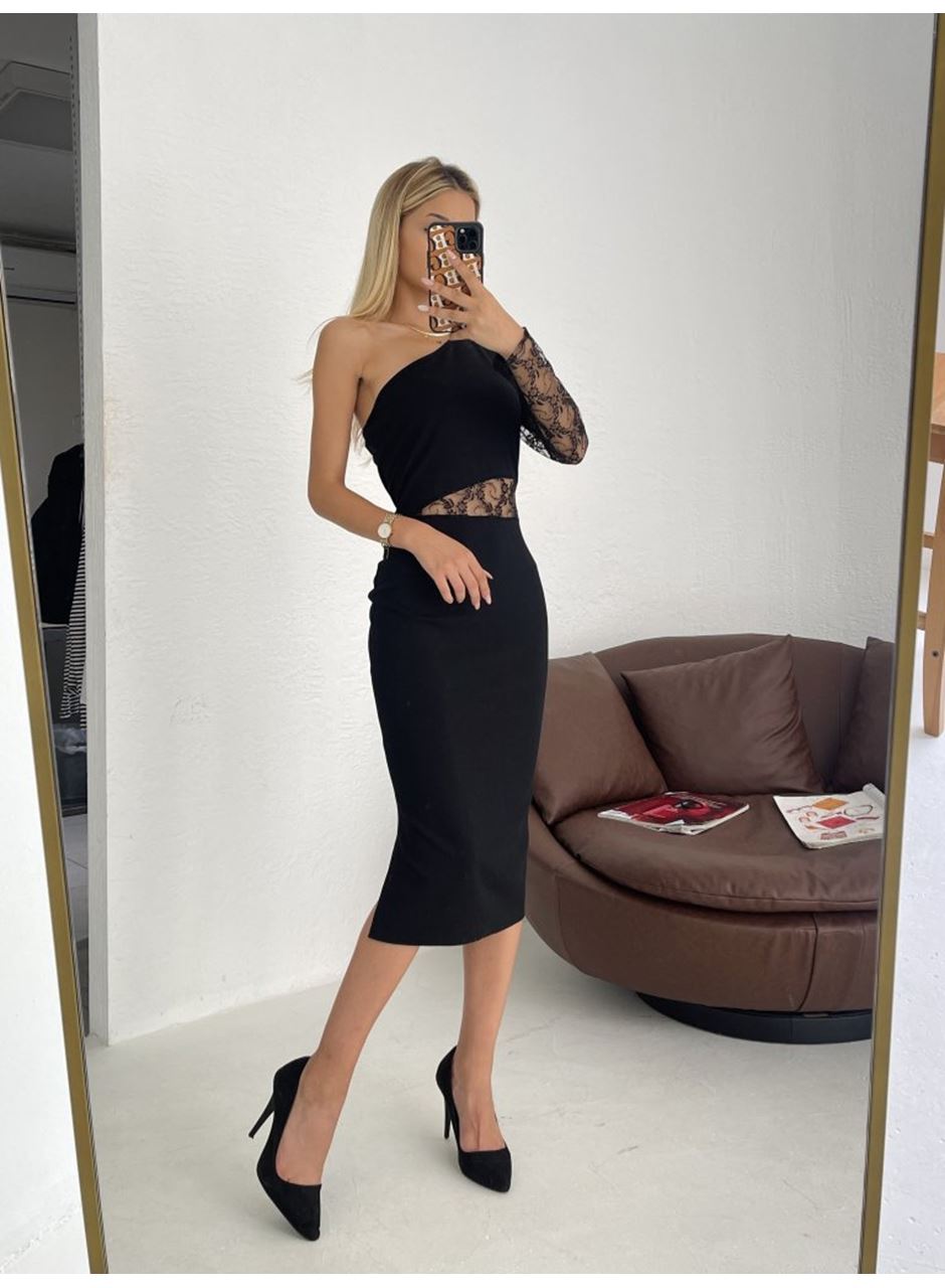 Kadın Siyah Tek Kol Dantel Detay Krep Elbise