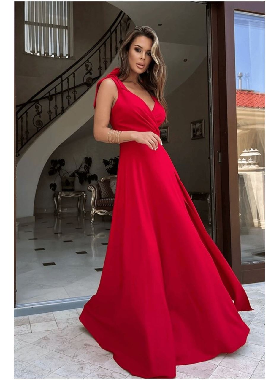 Kadın Askılı Omuzdan Bağlamalı Kruvaze Yakalı Uzun Yırtmaçlı Janjan Krep Elbise