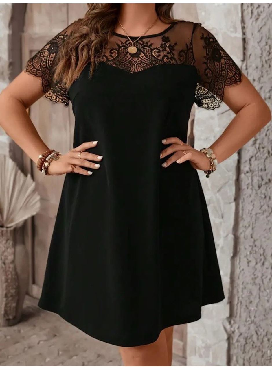 Kadın Kısa Kollu Dantel Bisiklet Yaka Ve Kol Dantel Detaylı Janjan Krep Elbise