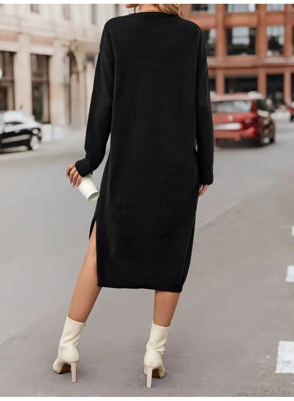 Kadın Uzun Kollu Bisiklet Yaka Yandan Yırtmaçlı Midi Triko Elbise(kemersiz)