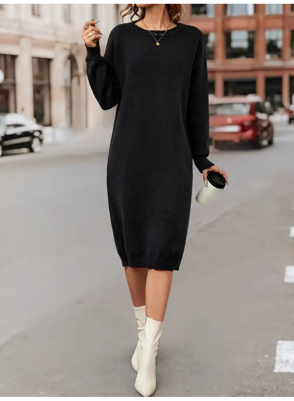 Kadın Uzun Kollu Bisiklet Yaka Yandan Yırtmaçlı Midi Triko Elbise(kemersiz)