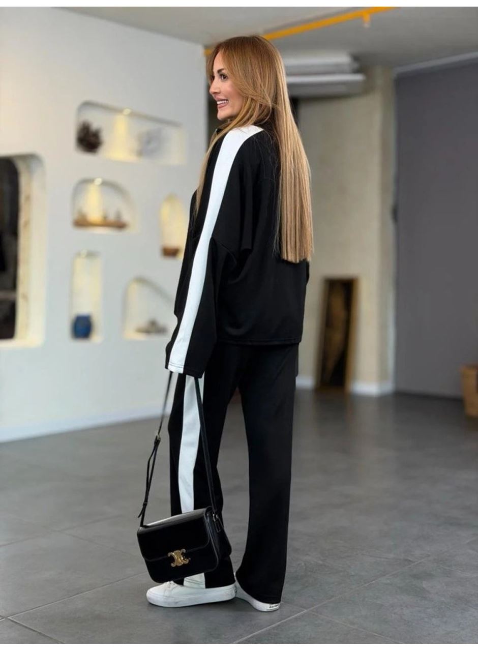 Kadın Uzun Kollu Yakadan Fermuarlı Viskon Iki Iplik Bluz Ve Pantolon Ikili Takım