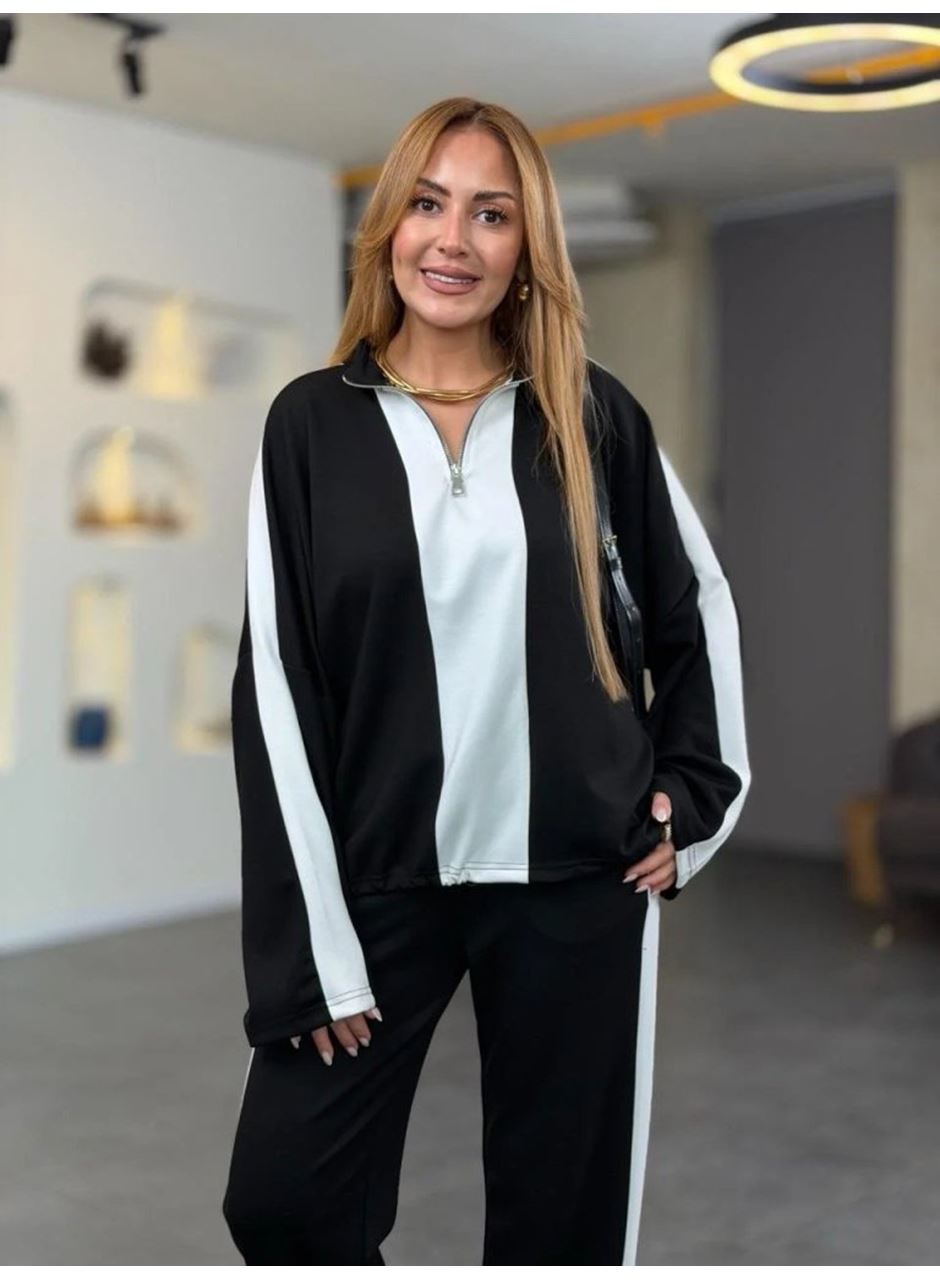 Kadın Uzun Kollu Yakadan Fermuarlı Viskon Iki Iplik Bluz Ve Pantolon Ikili Takım