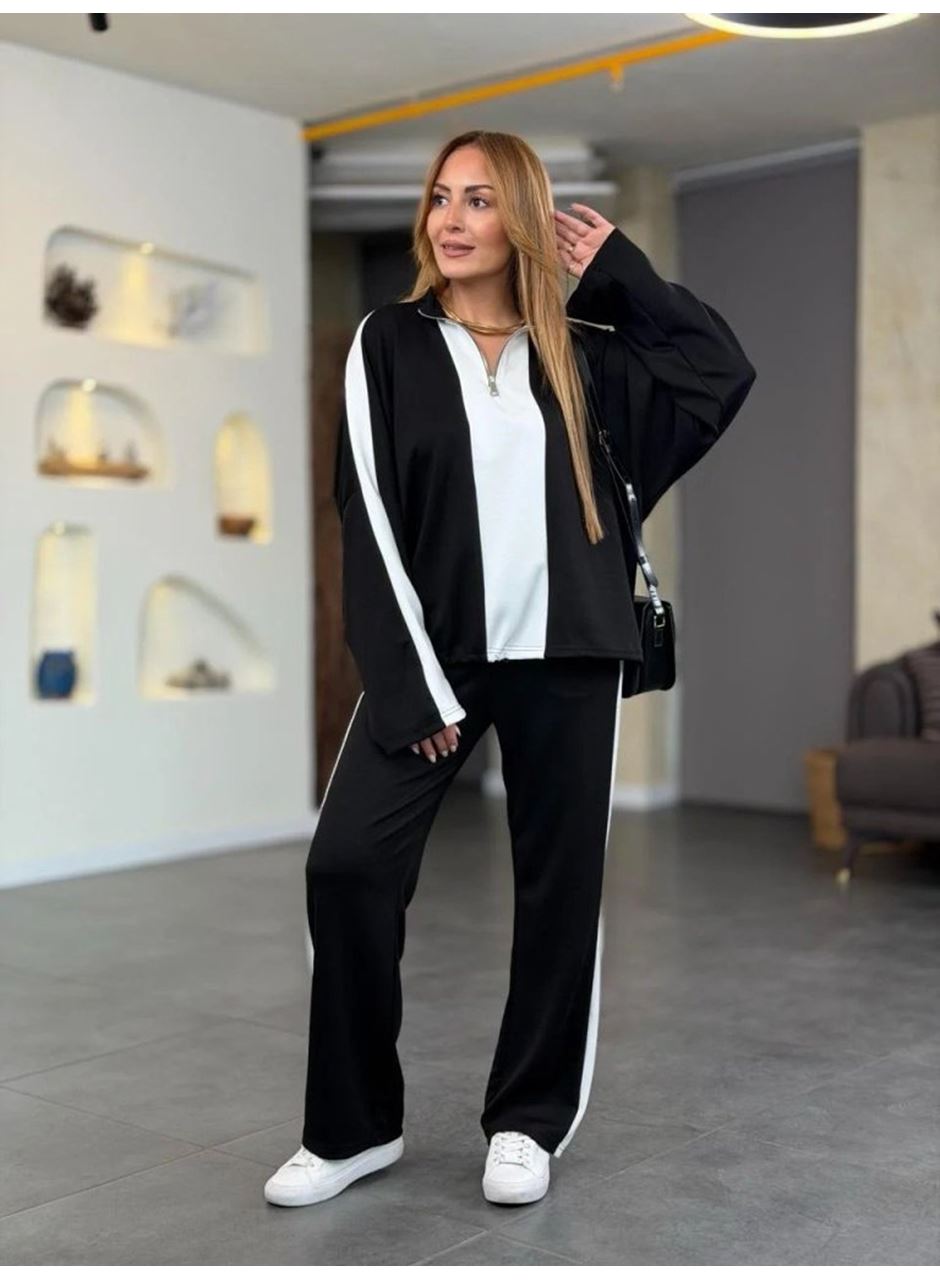 Kadın Uzun Kollu Yakadan Fermuarlı Viskon Iki Iplik Bluz Ve Pantolon Ikili Takım