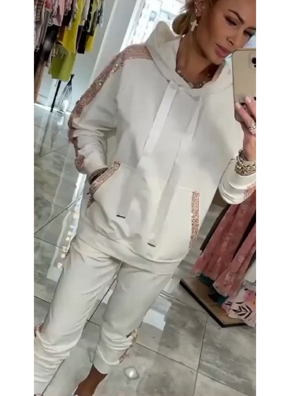 Kadın Uzun Kollu Kapşonlu Pulpayet Detay Viskon Iki Iplik Bluz Ve Pantolon Ikili Takım