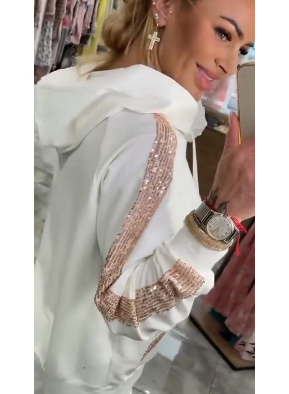 Kadın Uzun Kollu Kapşonlu Pulpayet Detay Viskon Iki Iplik Bluz Ve Pantolon Ikili Takım