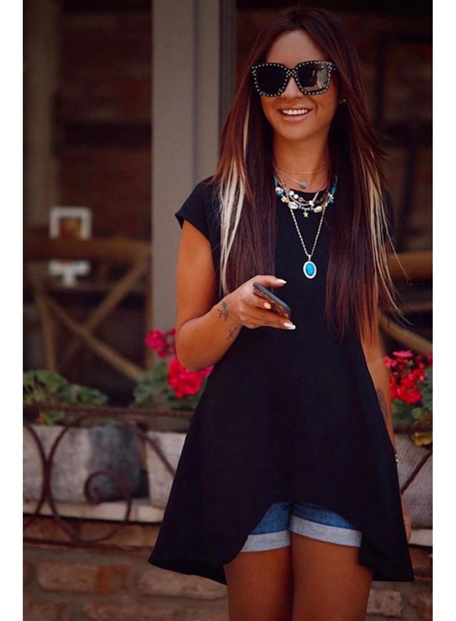 Kadın Kısa Kollu Asimetrik Viskon Kumaş Bluz