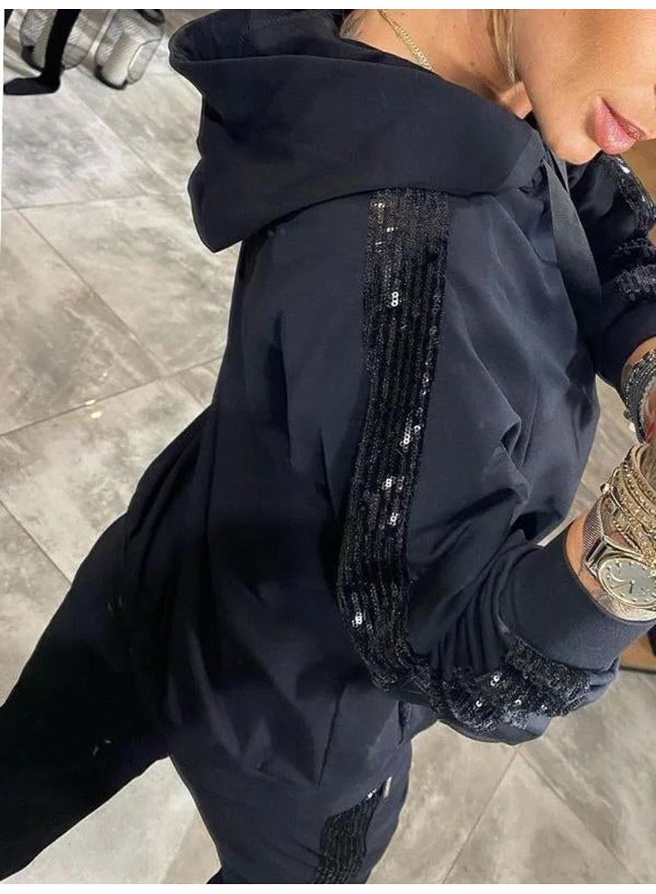 Kadın Uzun Kollu Kapşonlu Pulpayet Detay Viskon Iki Iplik Bluz Ve Pantolon Ikili Takım