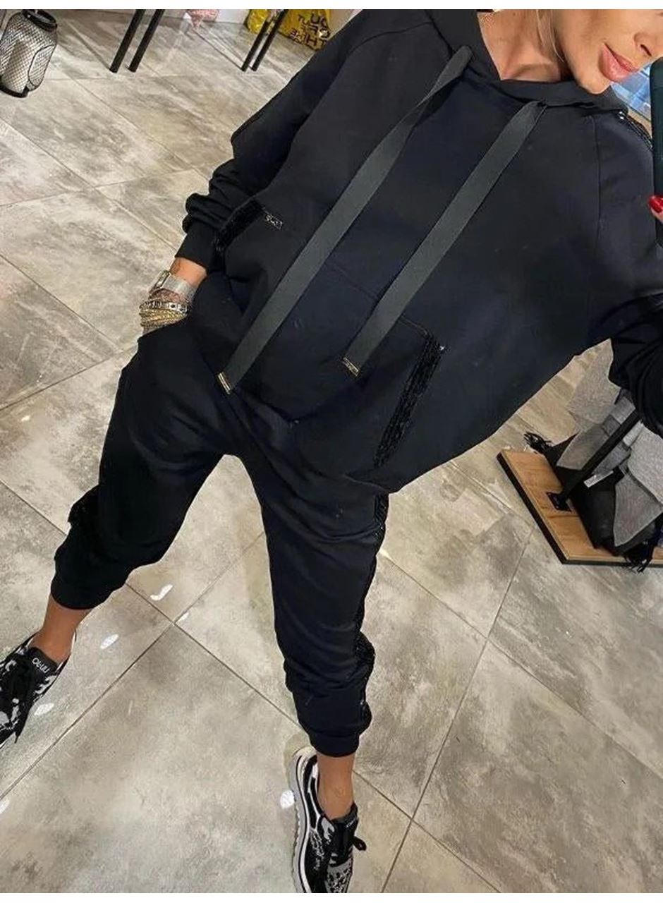 Kadın Uzun Kollu Kapşonlu Pulpayet Detay Viskon Iki Iplik Bluz Ve Pantolon Ikili Takım