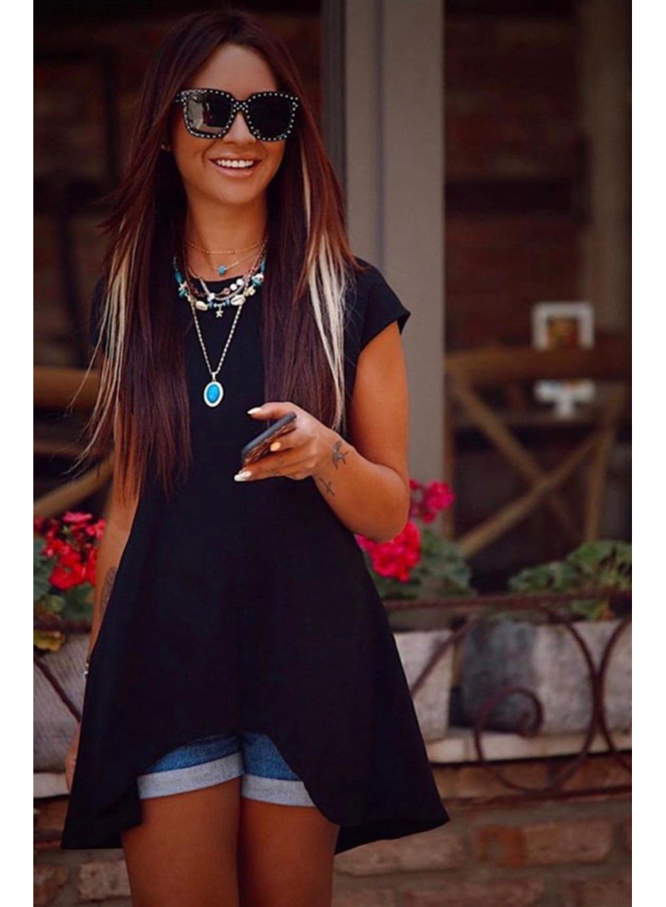 Kadın Kısa Kollu Asimetrik Viskon Kumaş Bluz