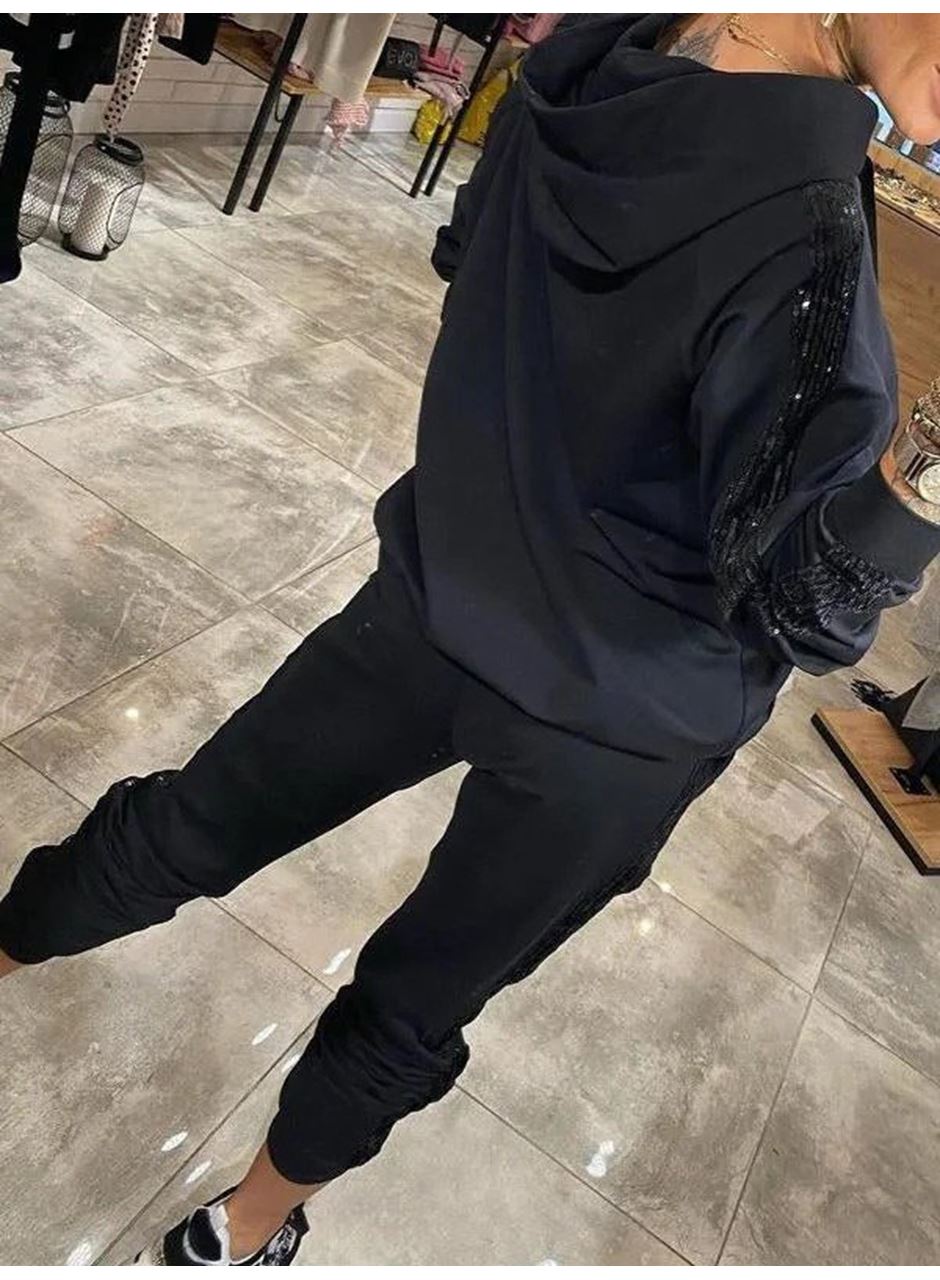 Kadın Uzun Kollu Kapşonlu Pulpayet Detay Viskon Iki Iplik Bluz Ve Pantolon Ikili Takım