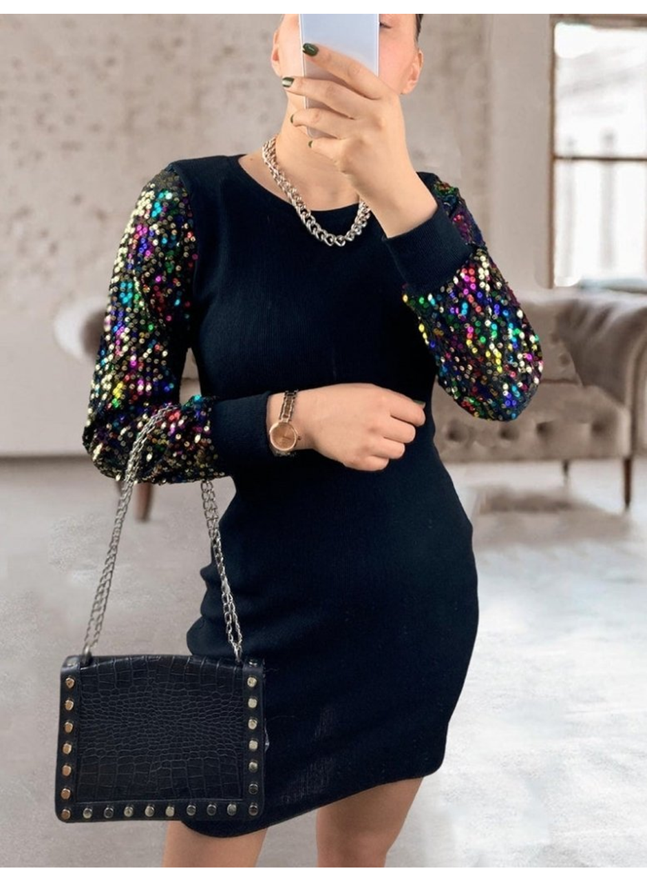 Kadın Uzun Kollu Kolları Payet Bisiklet Yaka Kısa Kaşkorse Elbise