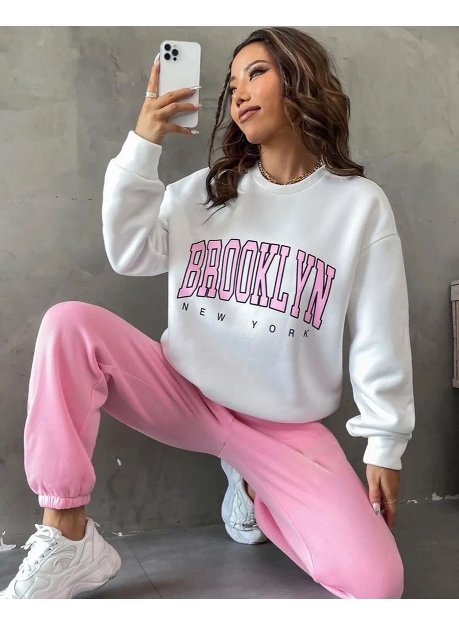 Kadın Bisiklet Yaka Brooklyn Baskılı üç Iplik Kumaş Sweat
