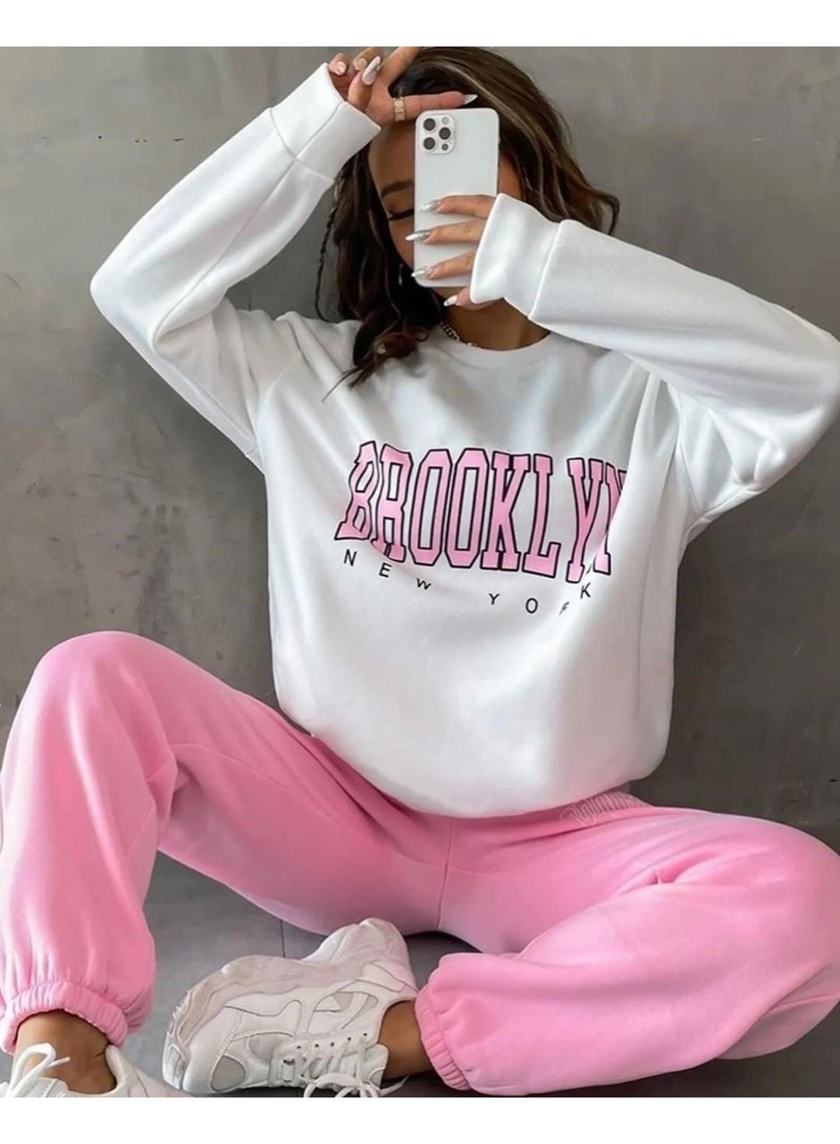 Kadın Bisiklet Yaka Brooklyn Baskılı üç Iplik Kumaş Sweat