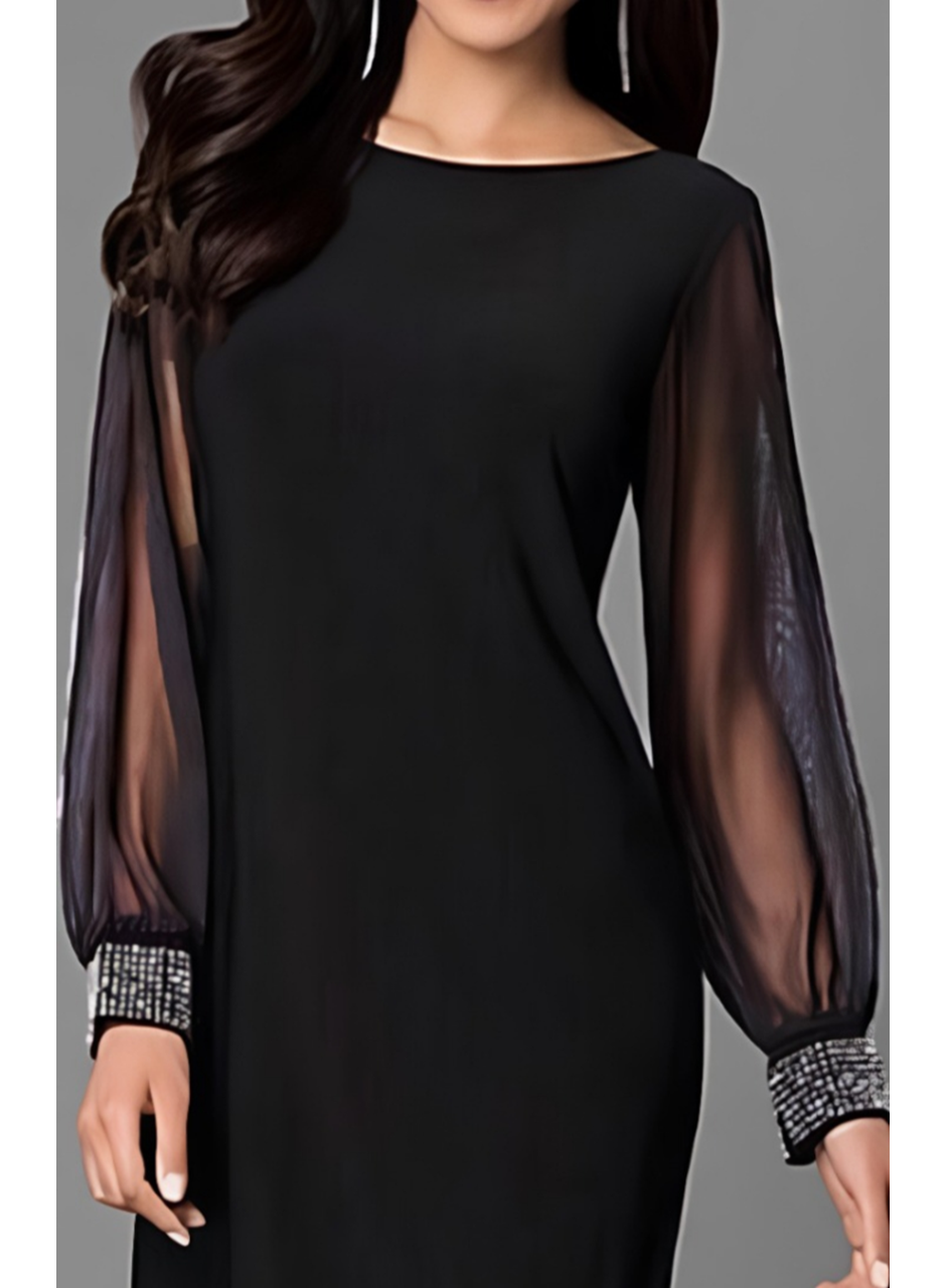 Kadın Uzun Kollu Yakası Yanlardan Hafif Açık Kollar Tül Ve Taş Detay Kısa Krep Elbise