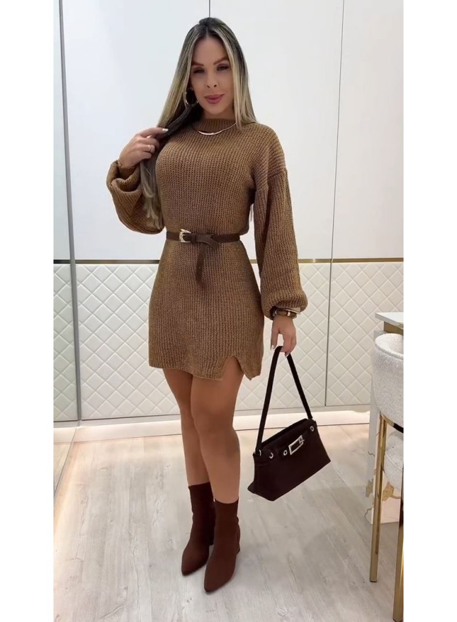 Kadın Uzun Kollu Yuvarlak Yakalı Kısa Triko Elbise