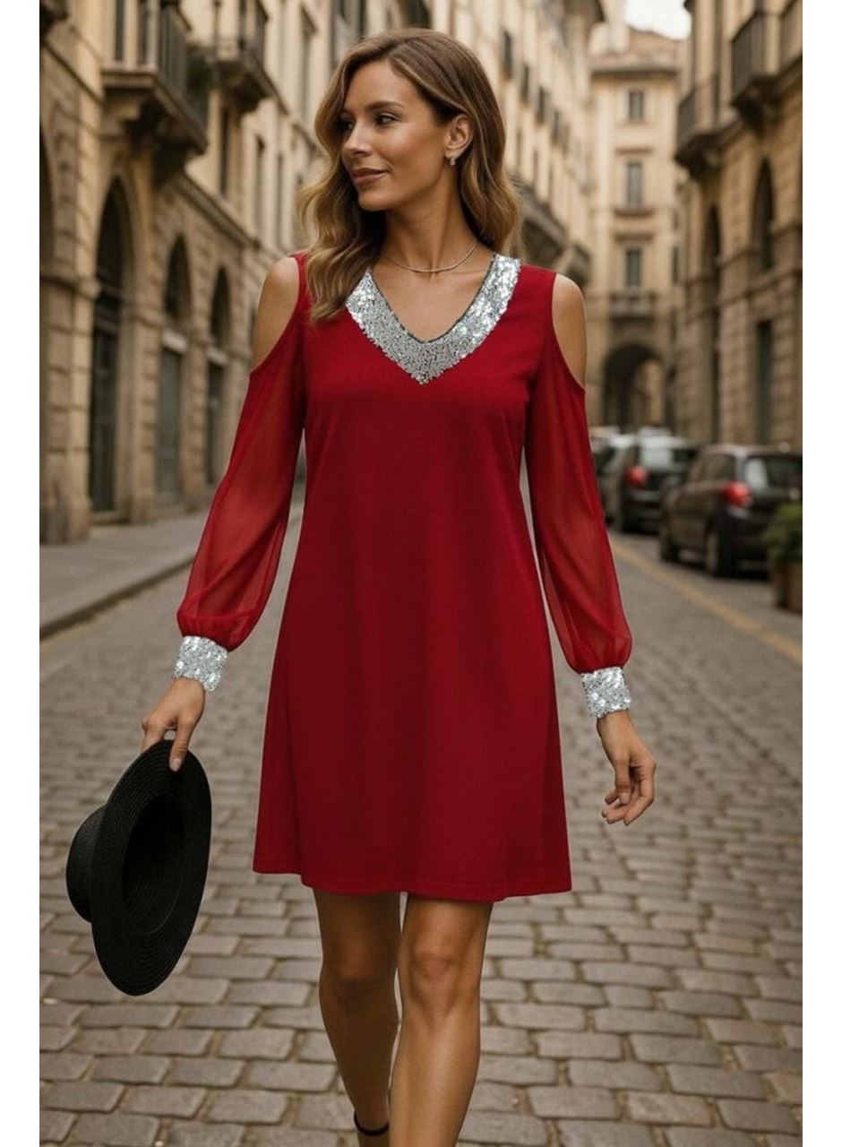 Kadın Uzun Kollu Kollar Tül V Yakalı Mini Janjan Krep Elbise