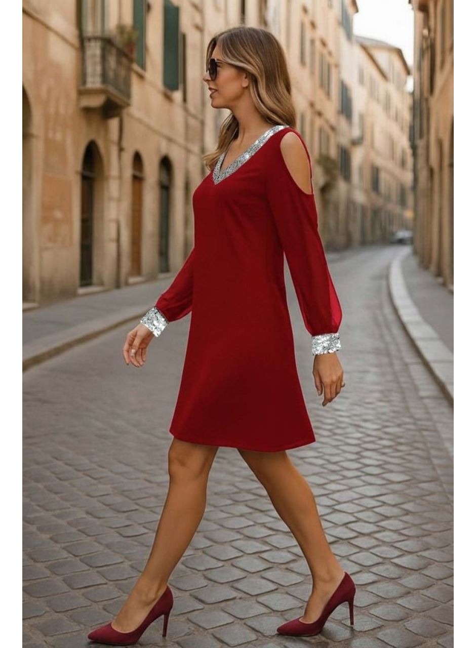 Kadın Uzun Kollu Kollar Tül V Yakalı Mini Janjan Krep Elbise