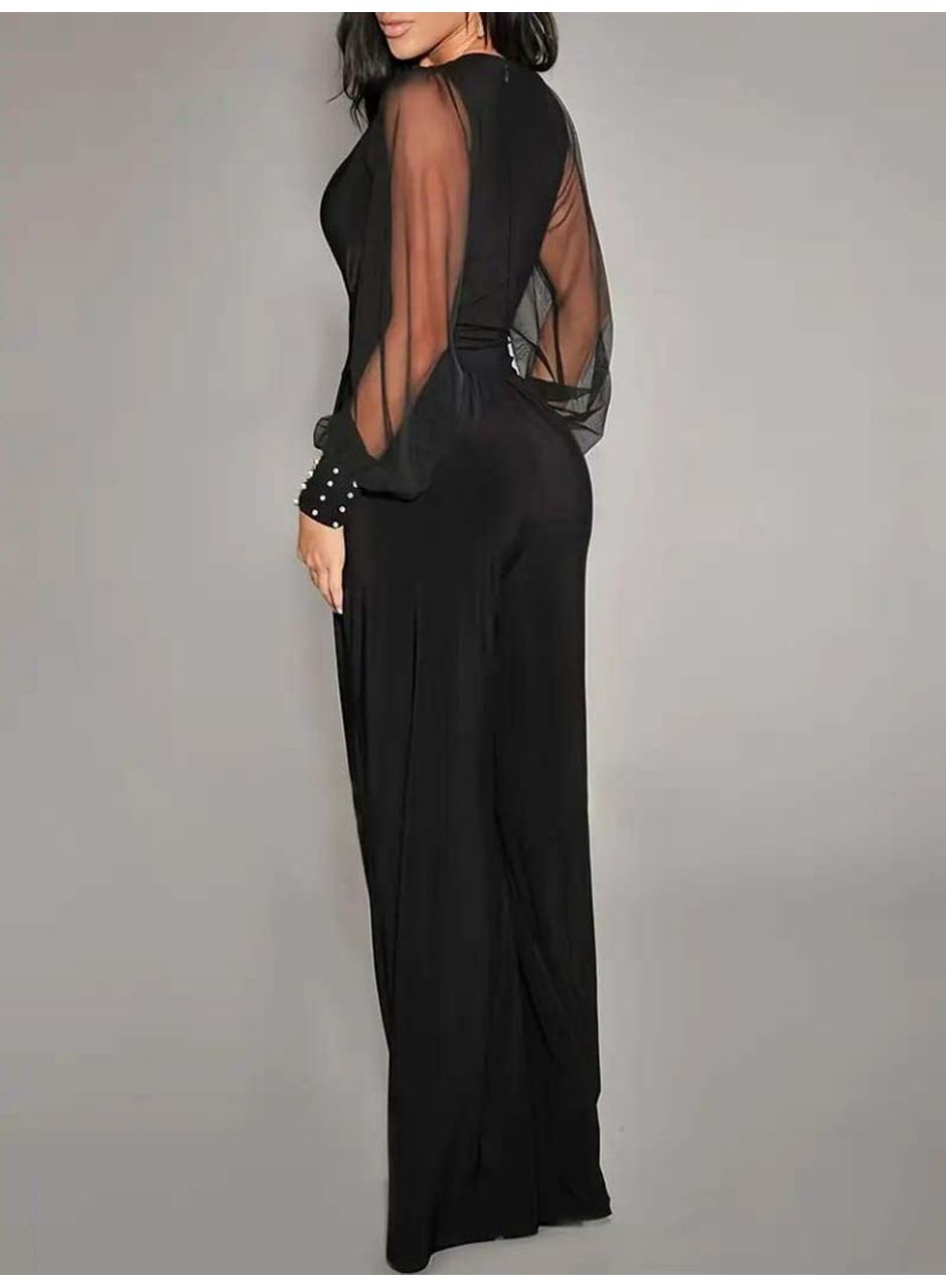 Kadın Uzun Kollu Kruvaze Yakalı Kolları Tüllü Viskon Tulum