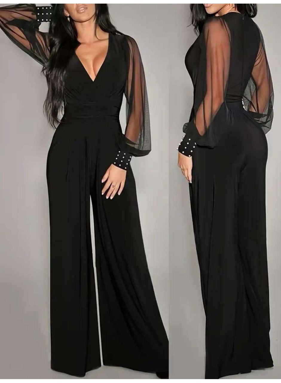 Kadın Uzun Kollu Kruvaze Yakalı Kolları Tüllü Viskon Tulum