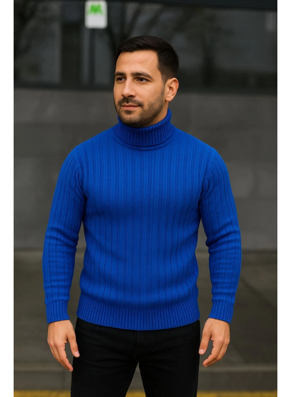 Erkek Balıkcı Yaka Bağazlı Triko Kazak Pamuklu Kalın Fitilli Dokuma, Regular Fit Uzun Kollu Kışlık Model - Saks Mavisi