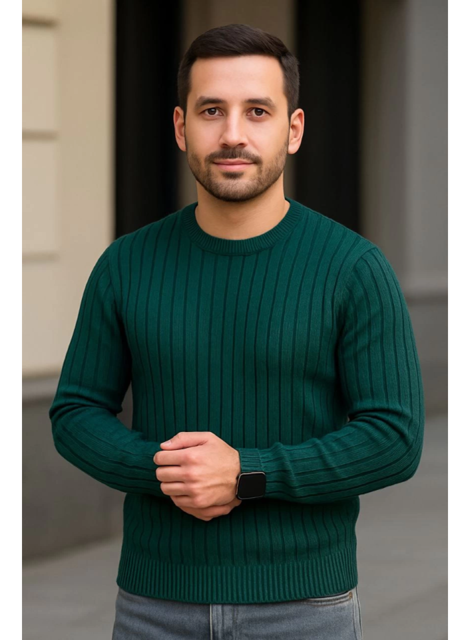 Erkek Bisiklet Yuvarlak Yaka Triko Kazak Pamuklu Kalın Fitilli Dokuma, Regular Fit Uzun Kollu Kışlık Model - Haki