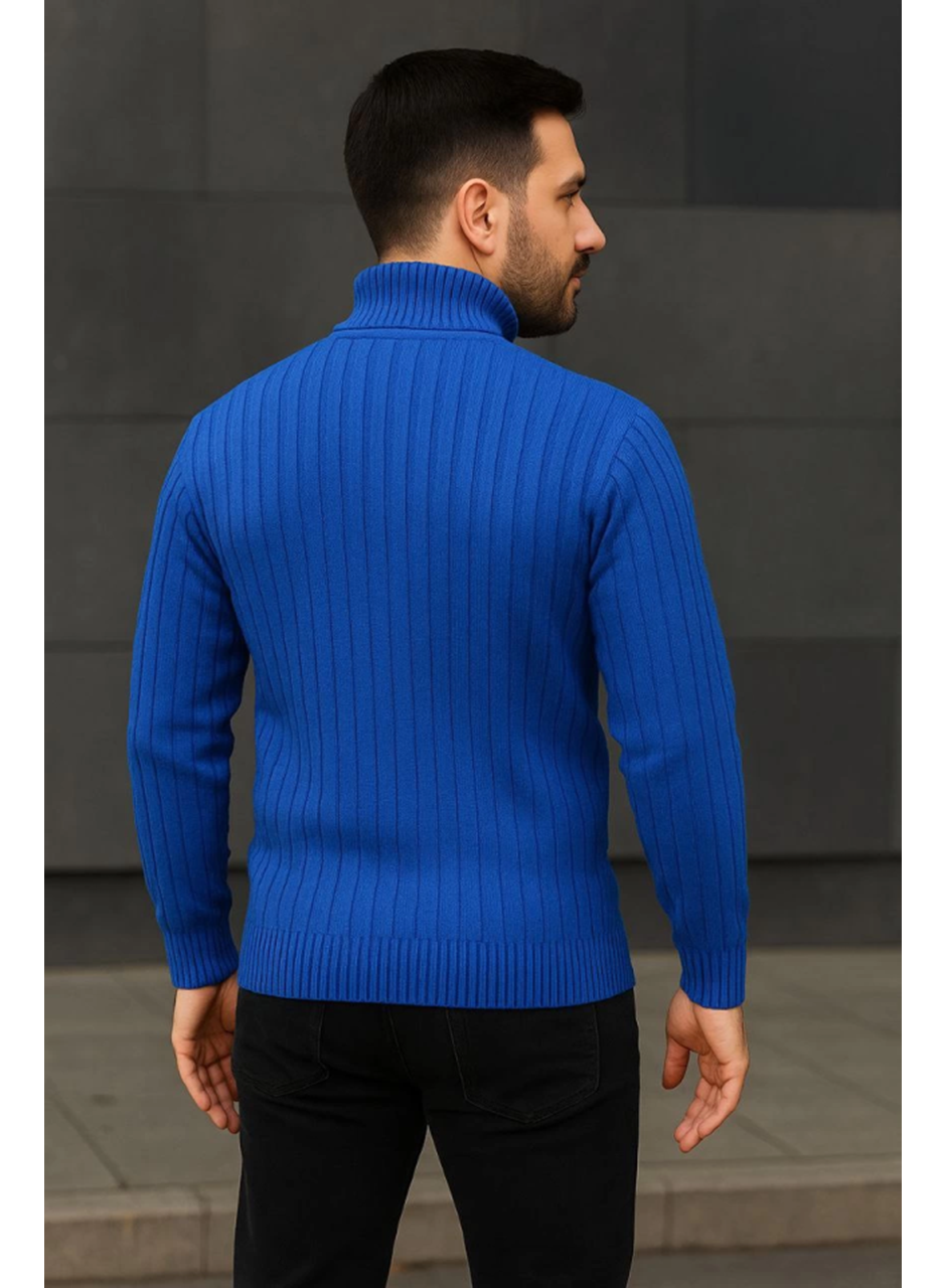 Erkek Balıkcı Yaka Bağazlı Triko Kazak Pamuklu Kalın Fitilli Dokuma, Regular Fit Uzun Kollu Kışlık Model - Saks Mavisi