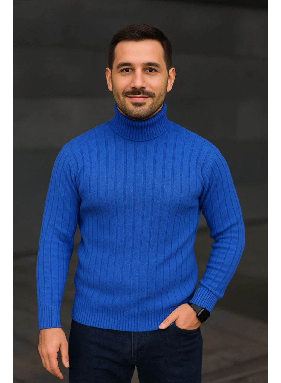 Erkek Balıkcı Yaka Bağazlı Triko Kazak Pamuklu Kalın Fitilli Dokuma, Regular Fit Uzun Kollu Kışlık Model - Saks Mavisi