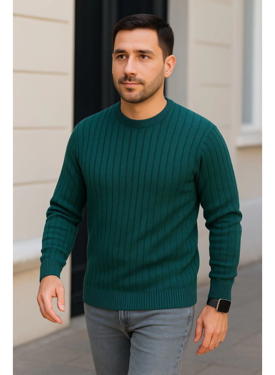 Erkek Bisiklet Yuvarlak Yaka Triko Kazak Pamuklu Kalın Fitilli Dokuma, Regular Fit Uzun Kollu Kışlık Model - Haki