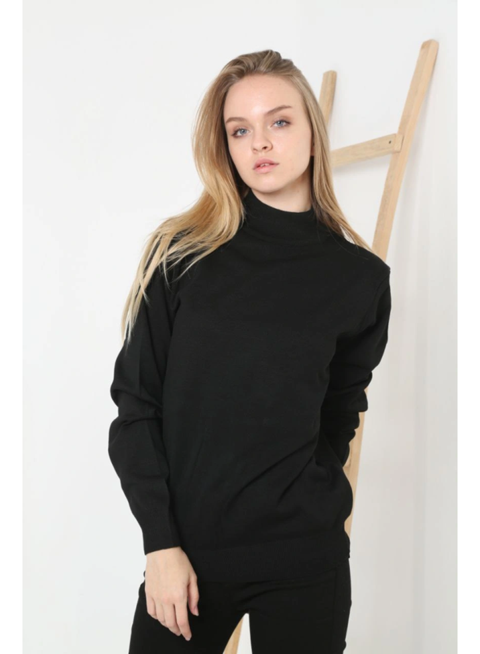 Yarım Boğaz Triko Kazak Yumuşak Dokulu Pamuklu Ince Dokuma, Uzun Kollu Rahat Regular Kalıp - Siyah