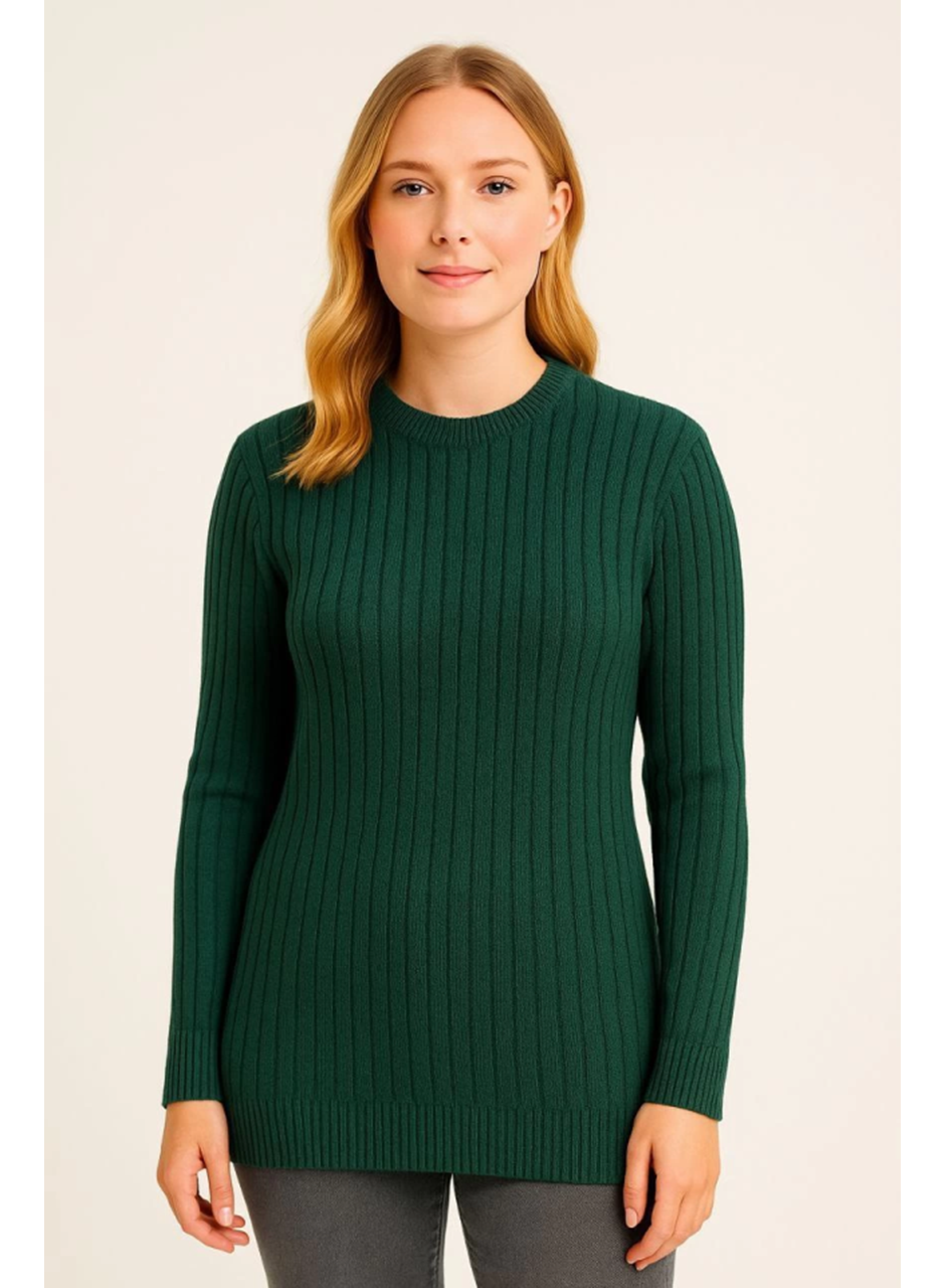 Bisiklet Yuvarlak Yaka Triko Kazak Pamuklu Kalın Fitilli Dokuma, Regular Fit Uzun Kollu Kışlık Model - Haki