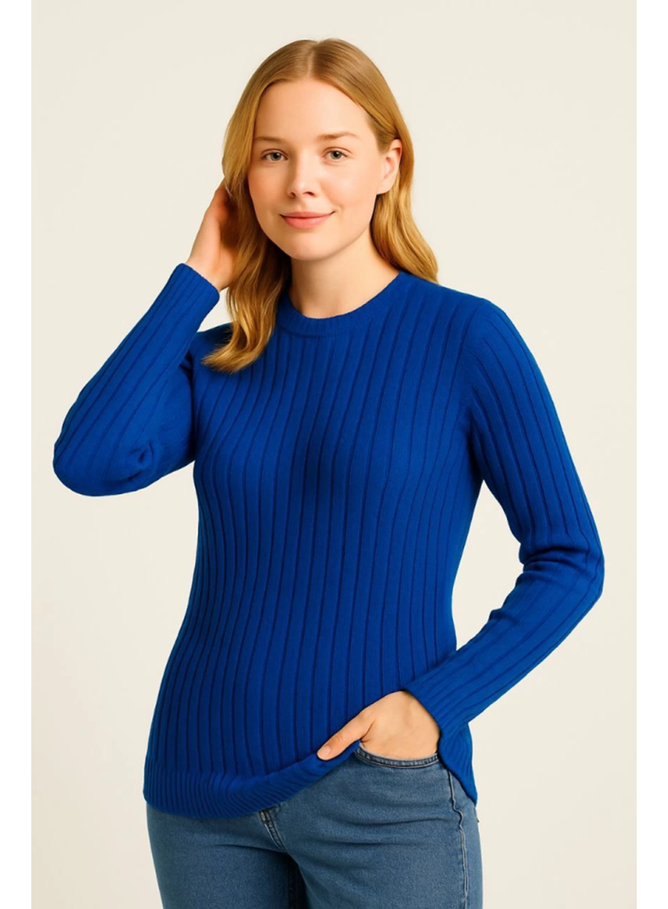 Bisiklet Yuvarlak Yaka Triko Kazak Pamuklu Kalın Fitilli Dokuma, Regular Fit Uzun Kollu Kışlık Model - Saks Mavisi