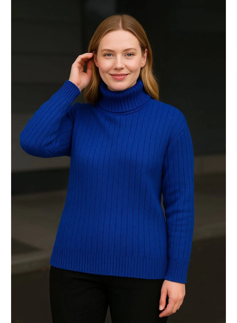 Balıkcı Yaka Bağazlı Triko Kazak Pamuklu Kalın Fitilli Dokuma - Saks Mavisi