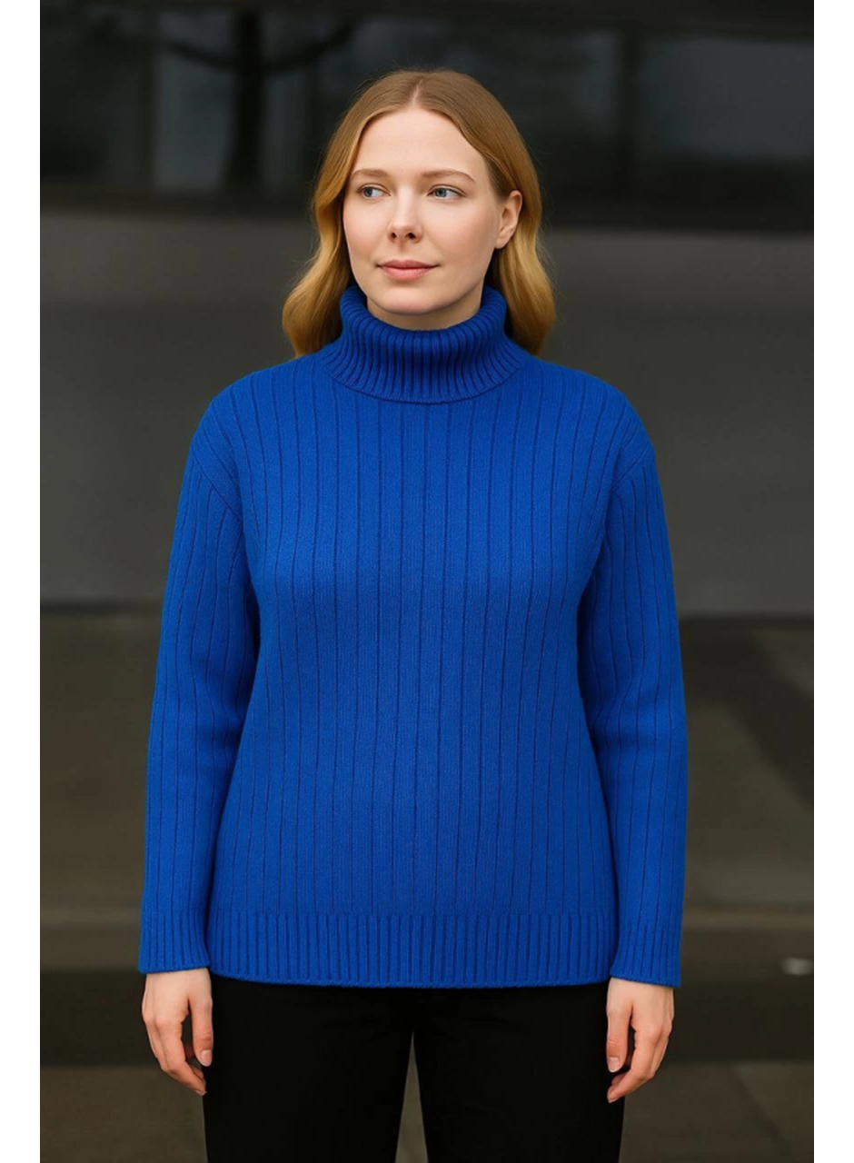 Balıkcı Yaka Bağazlı Triko Kazak Pamuklu Kalın Fitilli Dokuma - Saks Mavisi