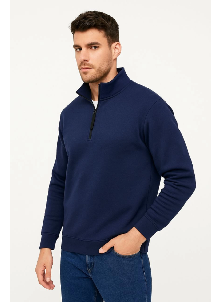 Erkek Dik Yaka Sweatshirt Dik Yaka Yarım Fermuarlı 3 İplik Şardonlu Pamuk Kumaş - Lacivert