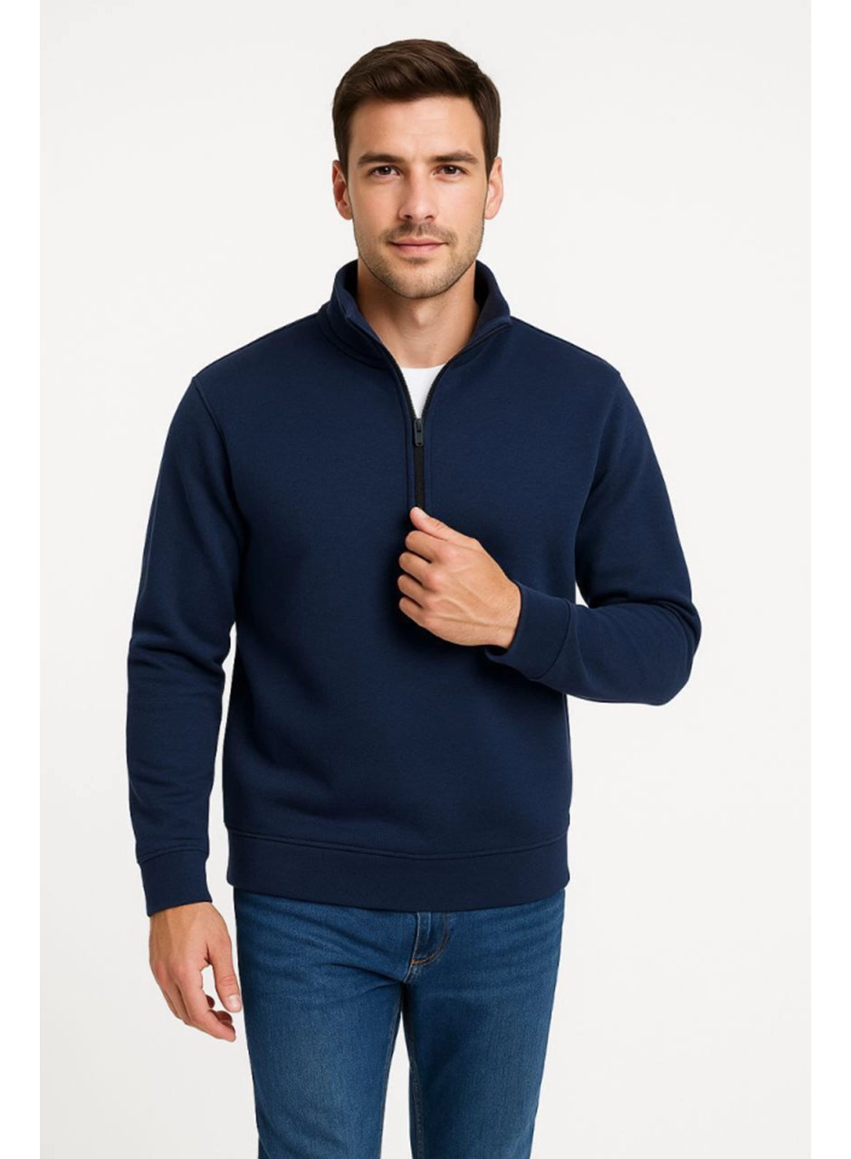 Erkek Dik Yaka Sweatshirt Dik Yaka Yarım Fermuarlı 3 İplik Şardonlu Pamuk Kumaş - Lacivert