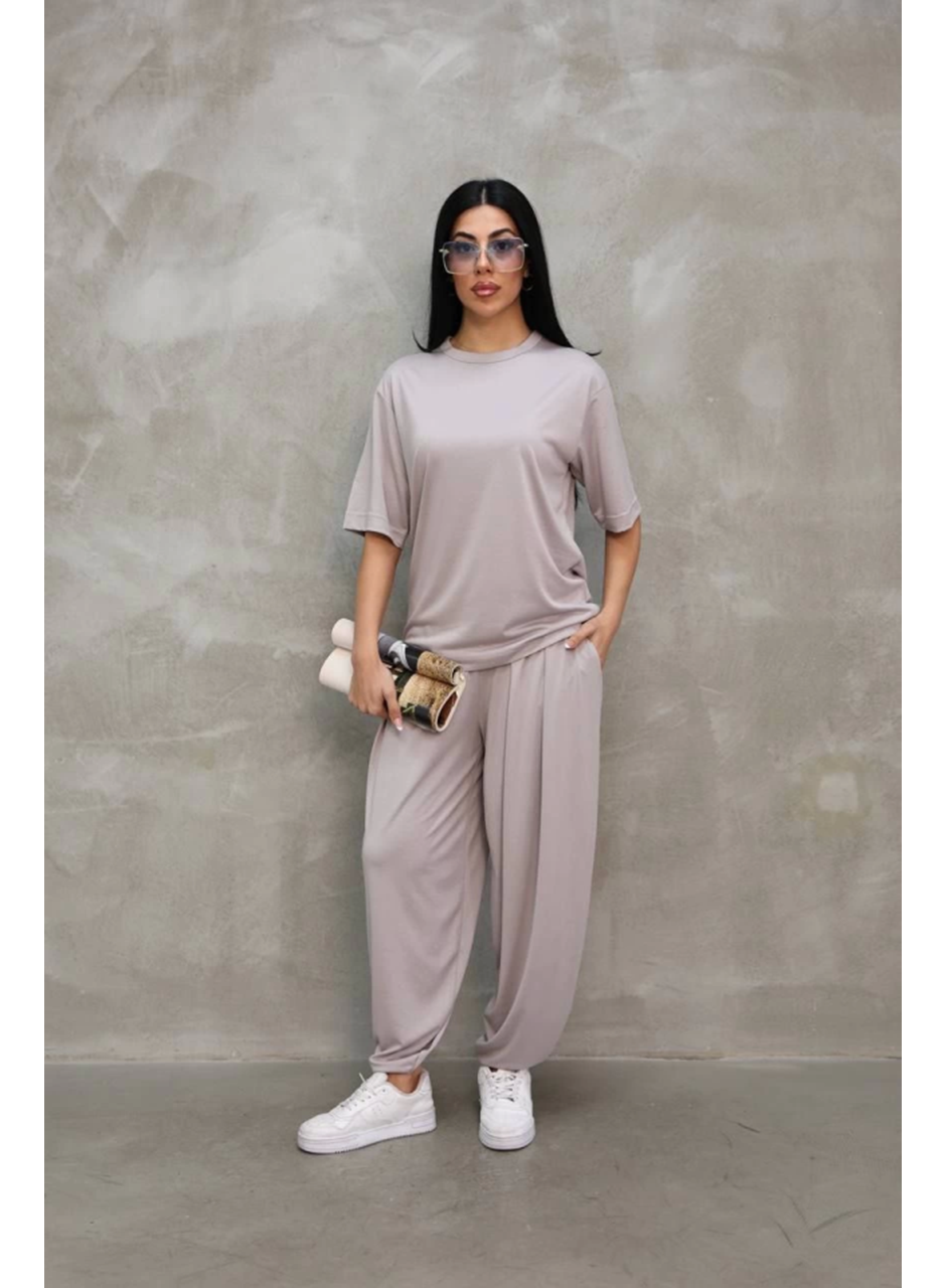 Osy Modal Yumuşak Dokulu Kumaş Oversize Bisiklet Yaka T-shirt Jogger Eşofman Altı Eşofman Takımı - Gri