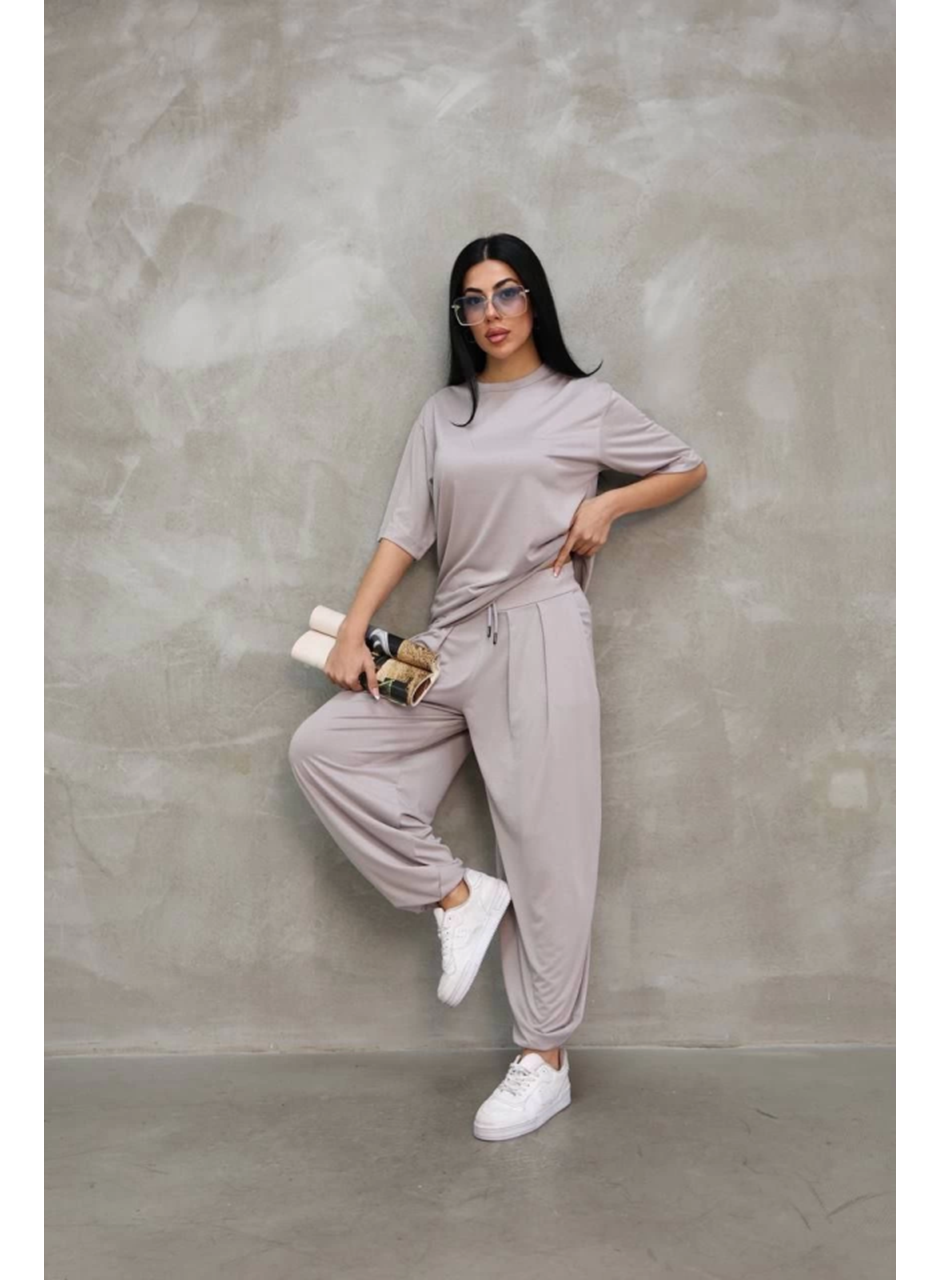 Osy Modal Yumuşak Dokulu Kumaş Oversize Bisiklet Yaka T-shirt Jogger Eşofman Altı Eşofman Takımı - Gri