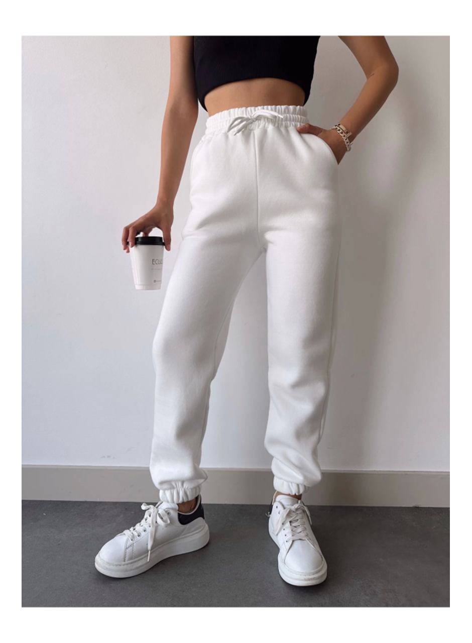 Üç İplik Basic Lastikli Eşofman Pantolon - Beyaz