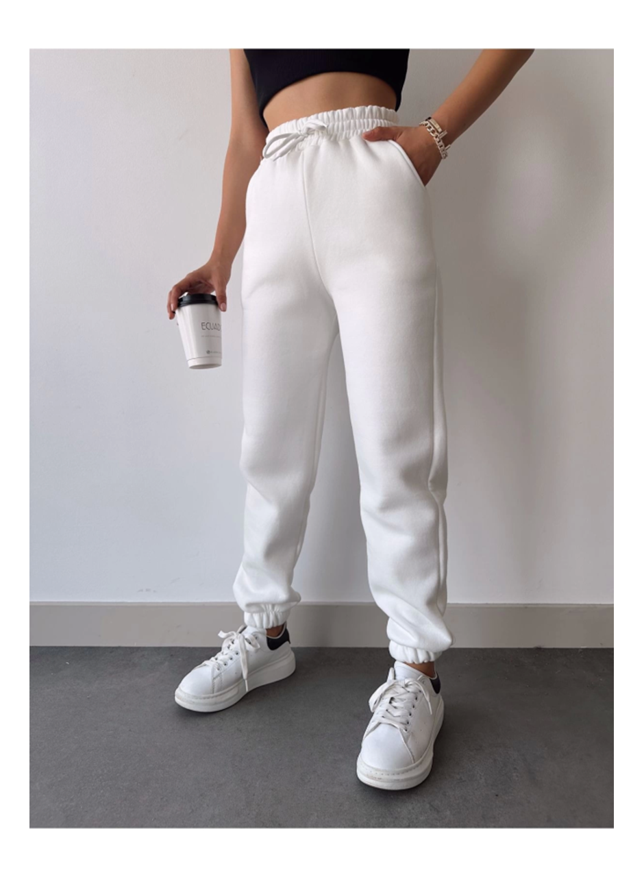 Üç İplik Basic Lastikli Eşofman Pantolon - Beyaz