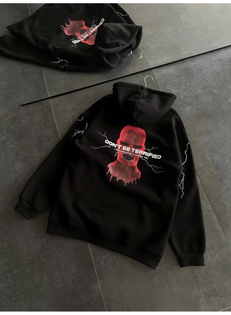 Üç İplik Kapşonlu Baskılı Oversize SweatShirt- Siyah