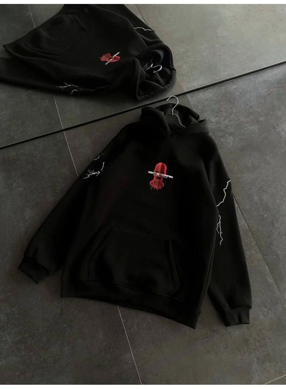 Üç İplik Kapşonlu Baskılı Oversize SweatShirt- Siyah